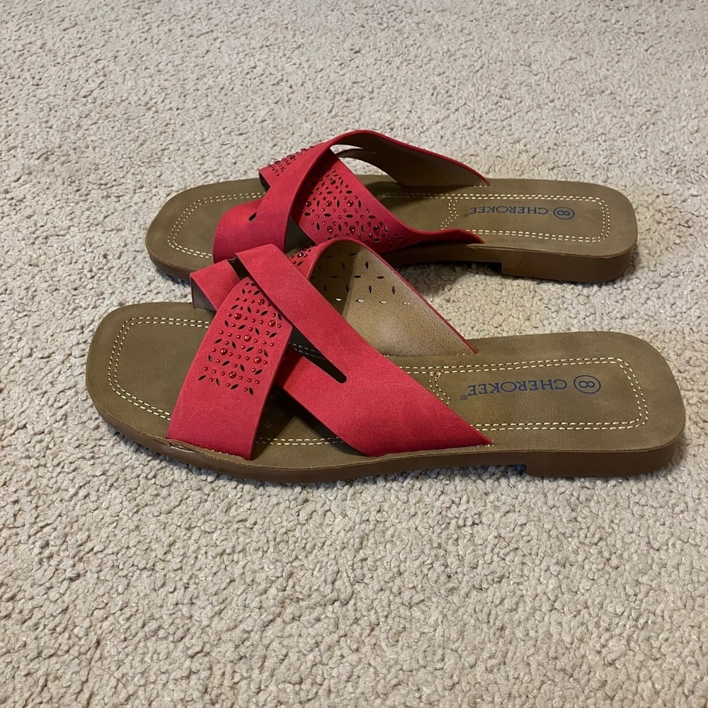VTG Y2K Cherokee Women's Cross-Strap Red Faux-Suede Slide Sandals Sz 8 *NWOT*